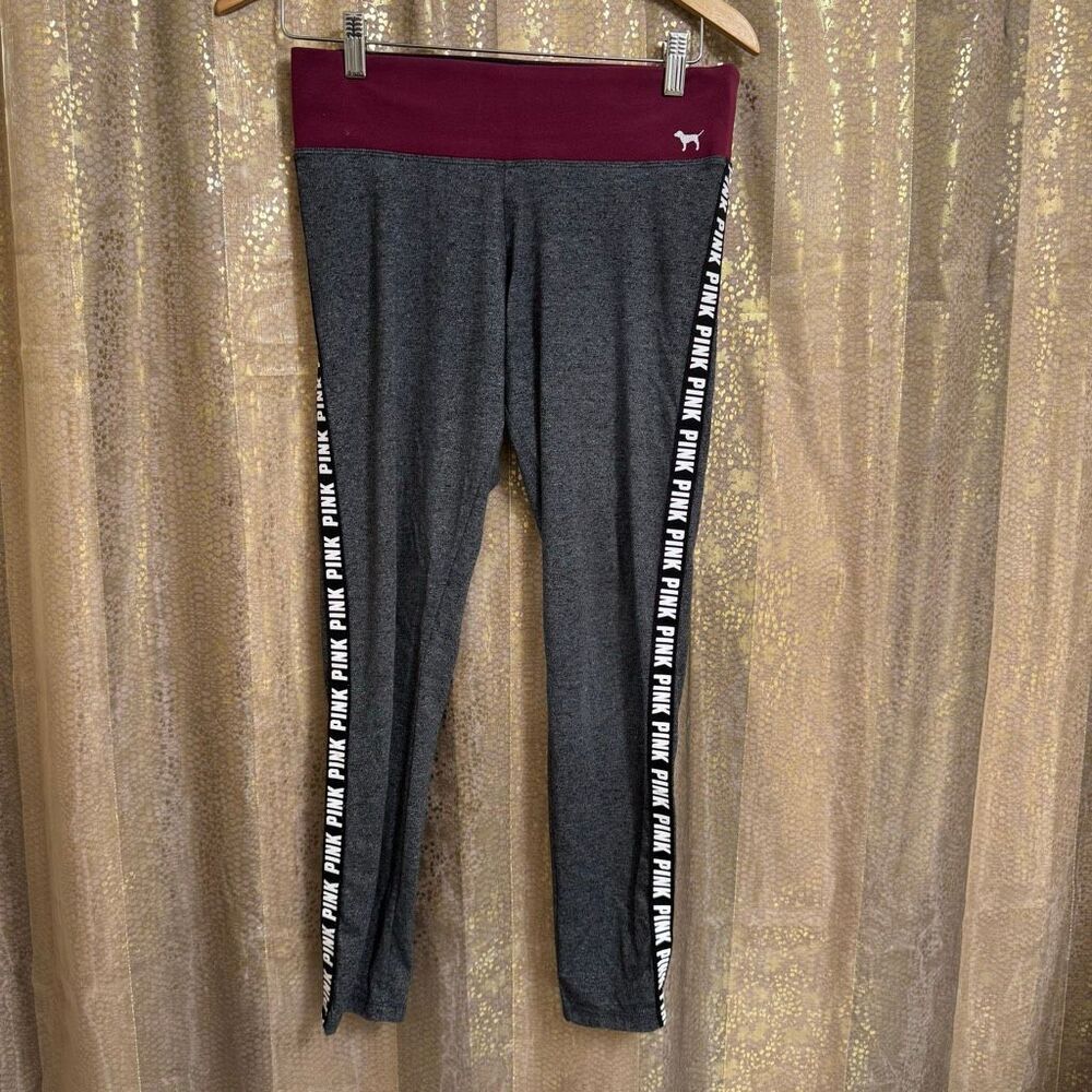 PINK Victorias Secret Gray Logo Stripe Maroon Leggings Medium